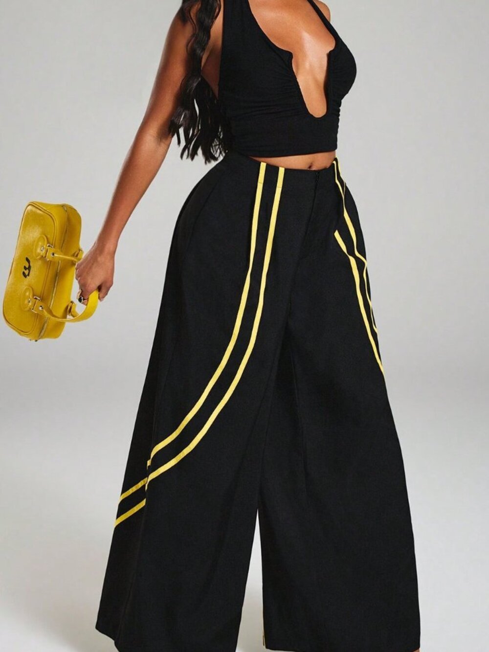 Black Elegant Women's Striped High Waist Wide Leg Pants - Picture 5 of 7